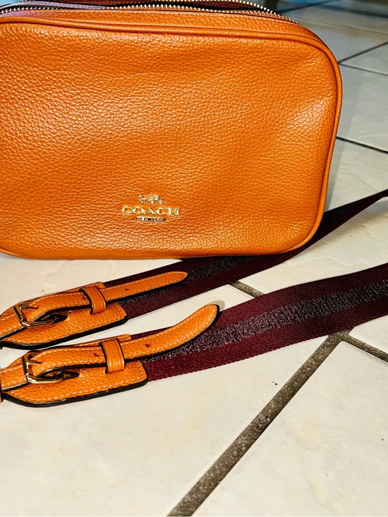 Coach Handbags - Coach Orange Pebbled Leather Camera Crossbody with Striped Strap